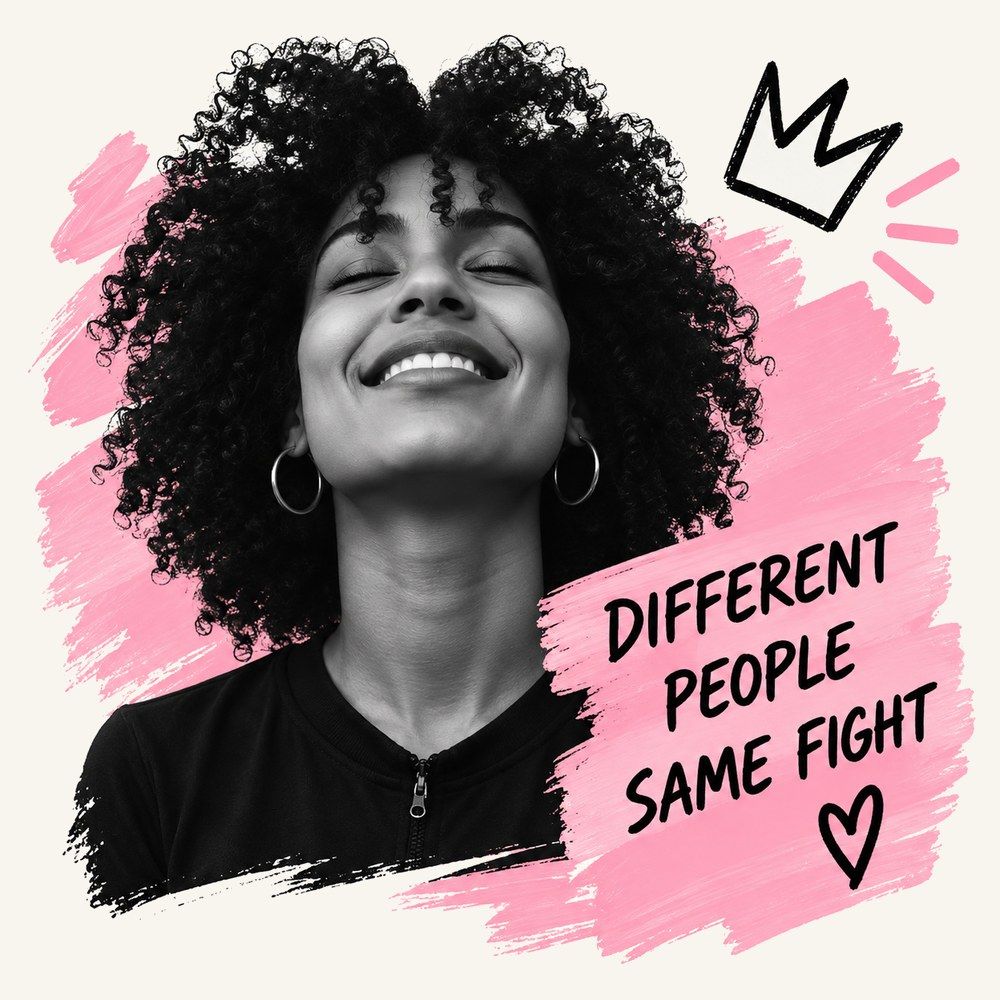 Smiling woman beside the words different people, same fight