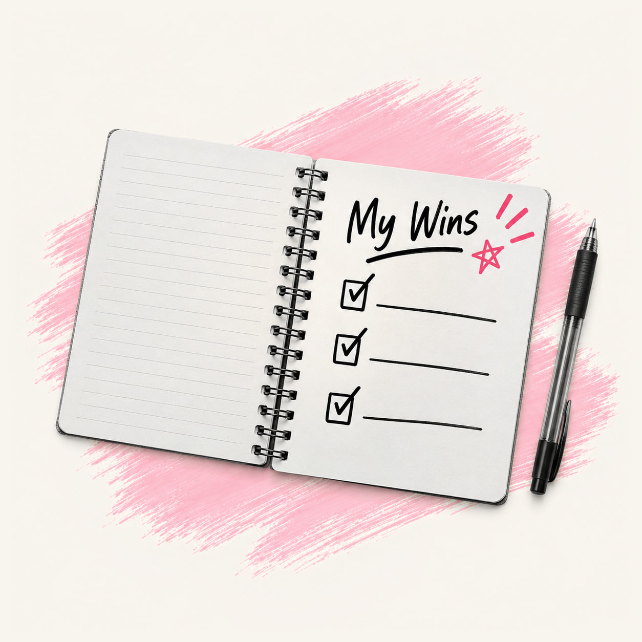 An open notebook titled My Wins with three checked boxes, next to a pen