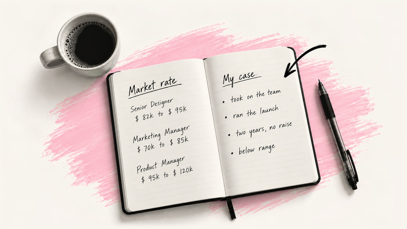 An open notebook showing market salary ranges on one page and a list of reasons for a raise on the other