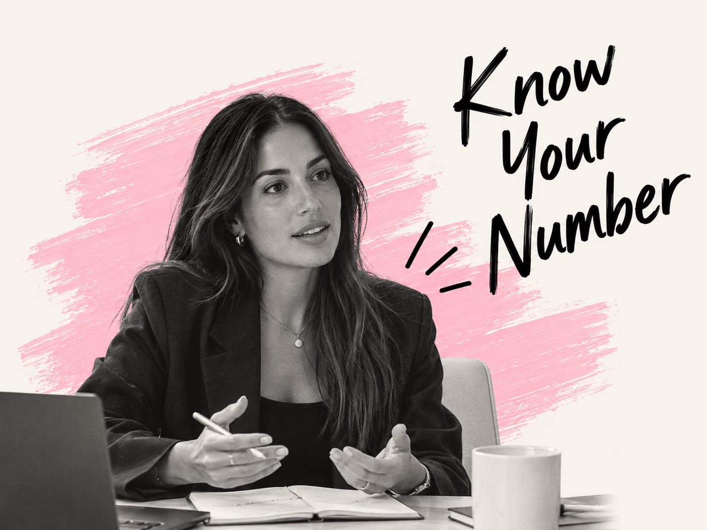 A woman sitting at a desk mid conversation, beside hand-lettered text reading Know Your Number