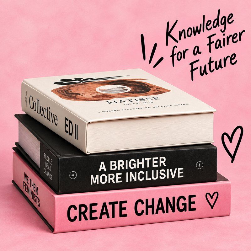 A stack of books on a pink background with the words knowledge for a fairer future
