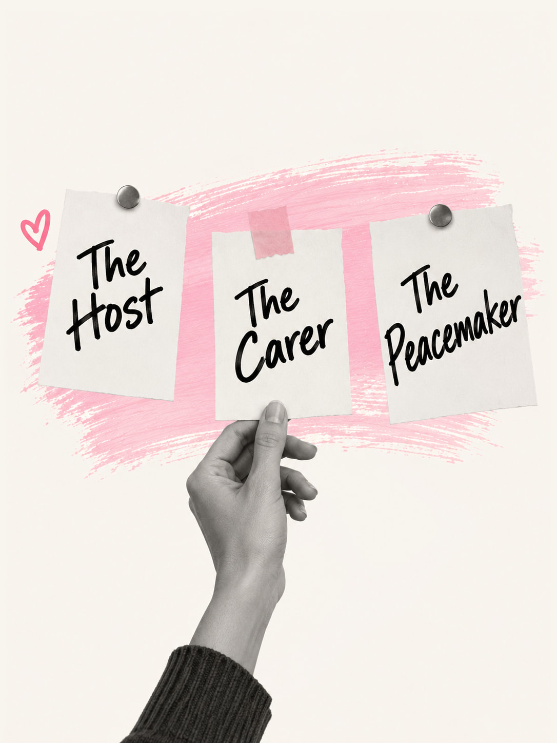 Three paper labels pinned on a pink brush stroke, hand lettered The Host, The Carer and The Peacemaker