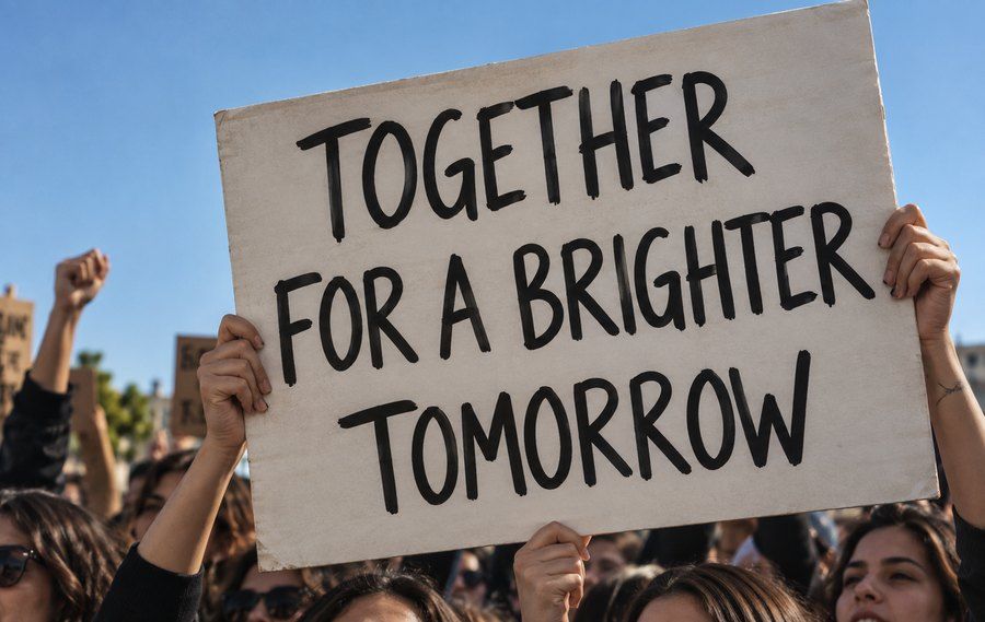 Crowd holding a sign that reads together for a brighter tomorrow