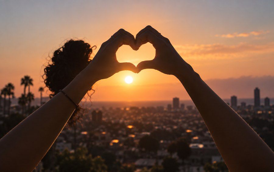 Hands forming a heart against a sunset