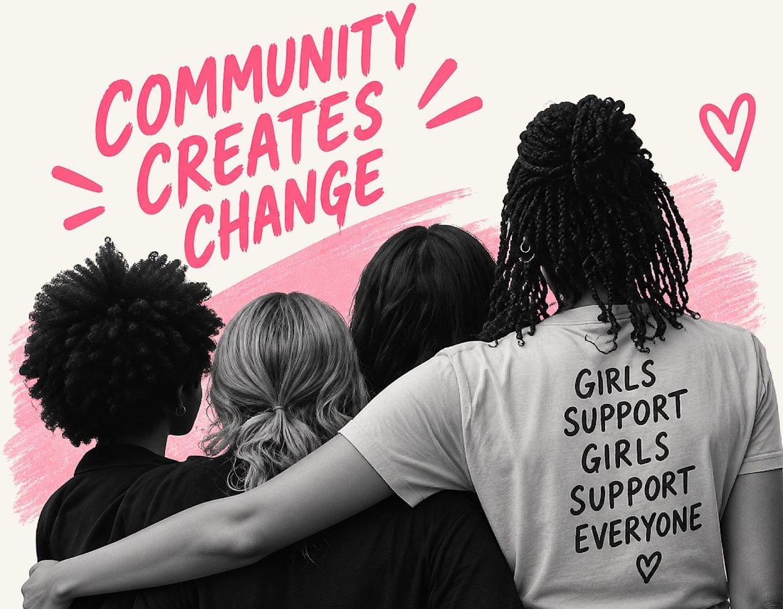 Friends with arms around each other, one shirt reads girls support girls support everyone