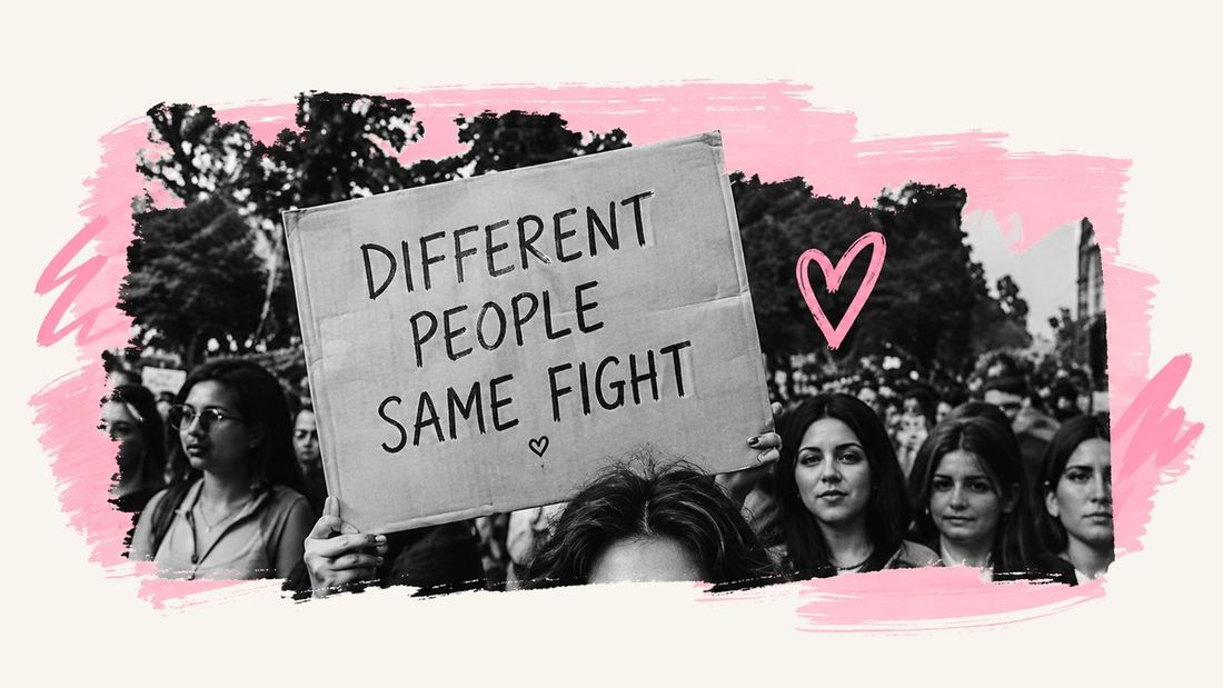 Crowd holding a sign that reads different people, same fight