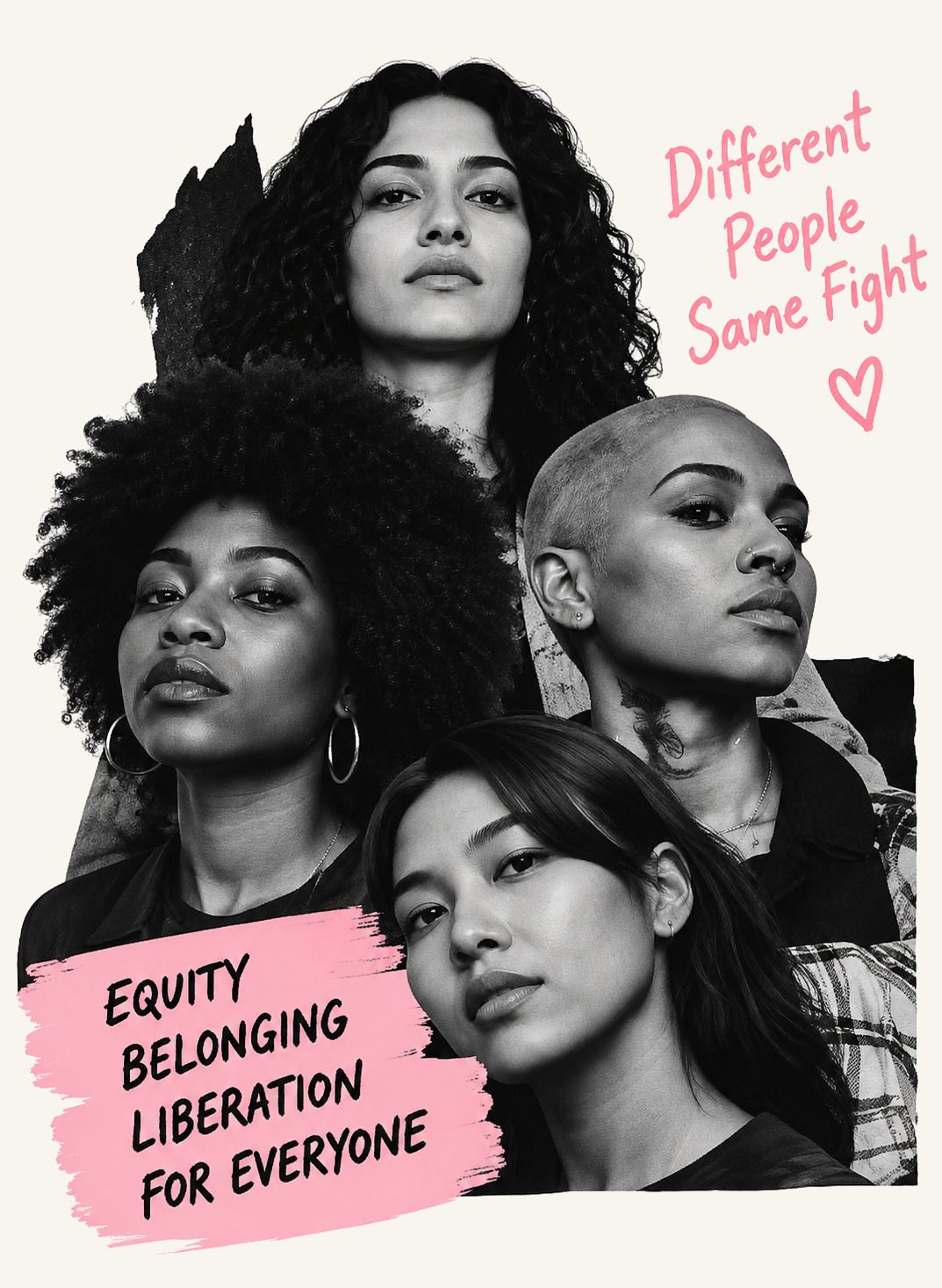 Collage of diverse women with the words different people, same fight and equity, belonging, liberation for everyone