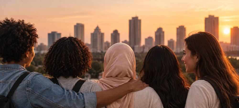 Friends with arms around each other looking at a city skyline
