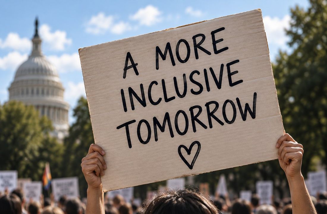 Protester holding a sign that reads a more inclusive tomorrow