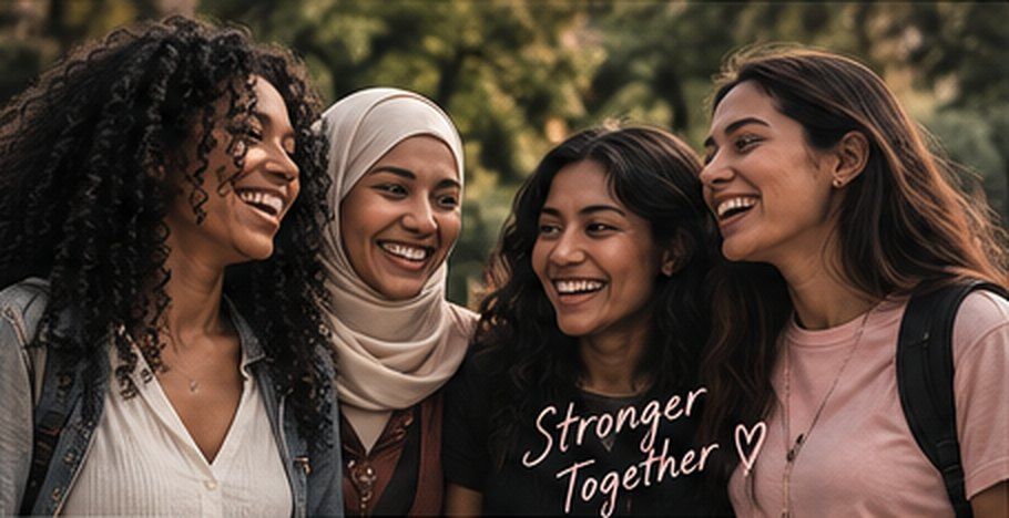 Four friends laughing together