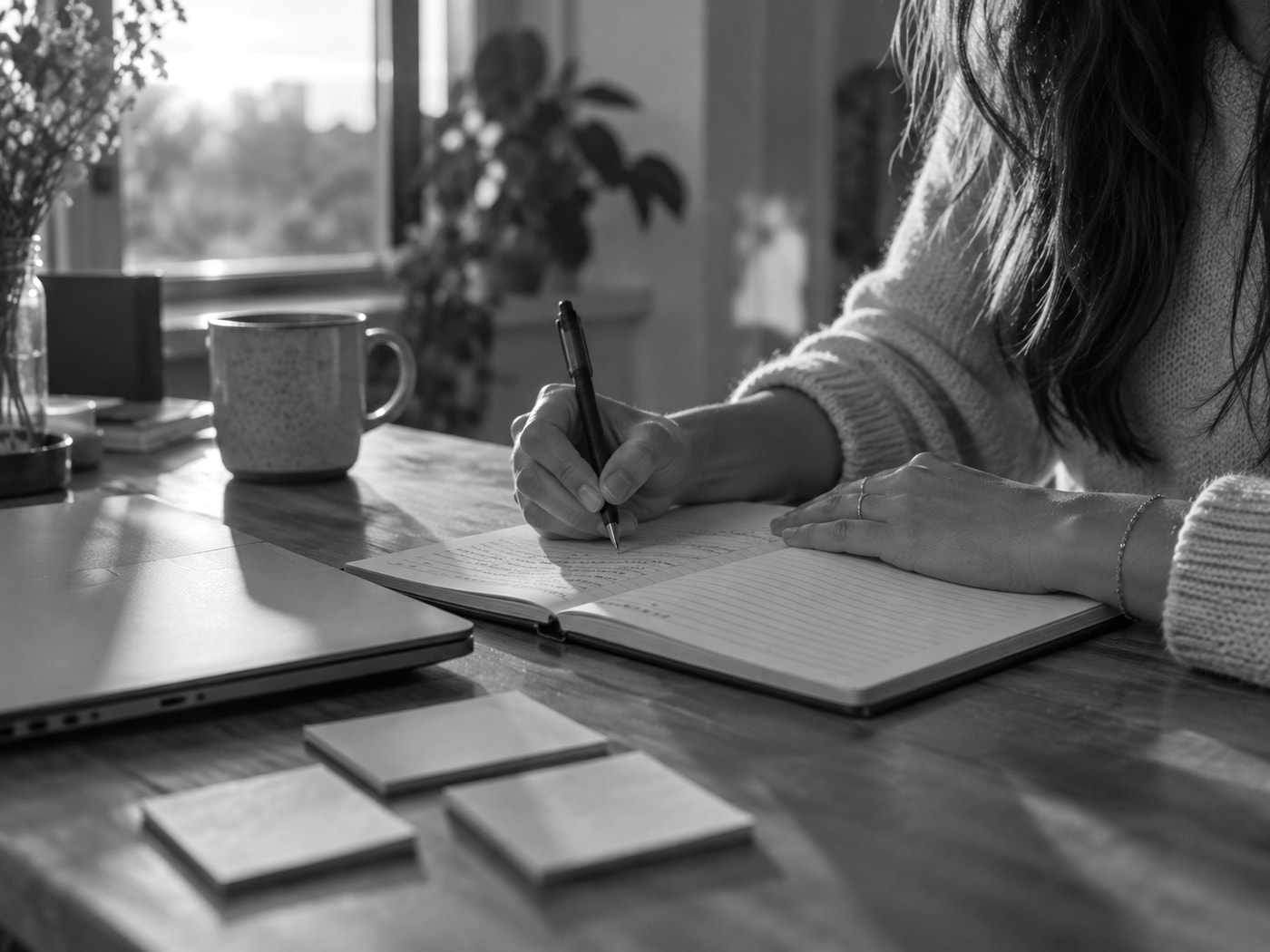 A woman writing in an open notebook at a wooden desk at sunset, with a laptop, a mug and three sticky notes beside her