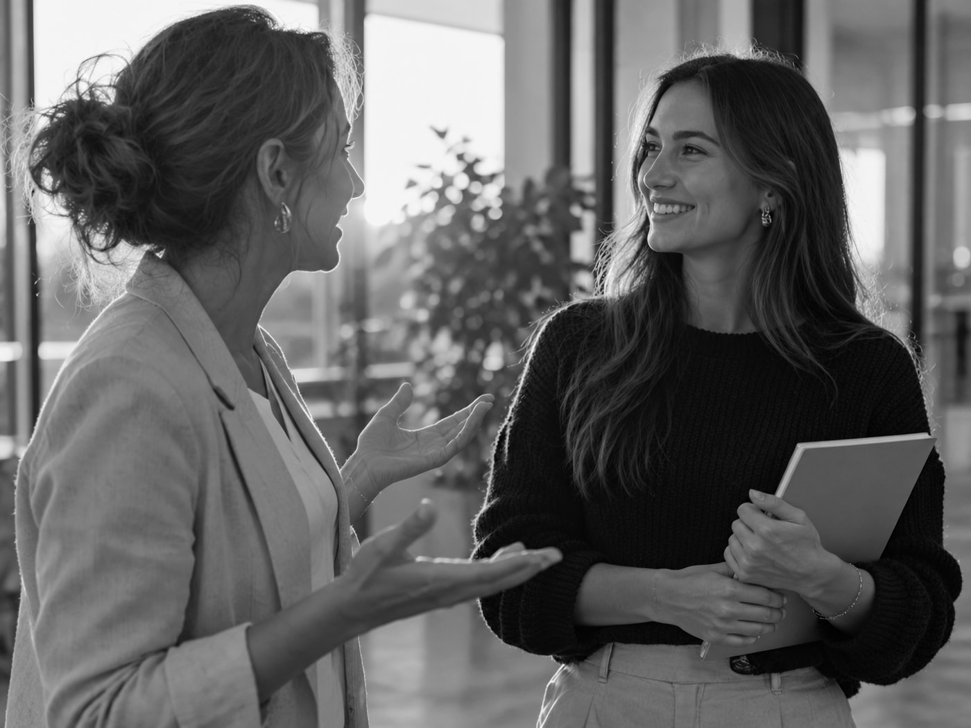 Two women talking in a sunlit office, one speaking with an open gesture while the other smiles, holding a notebook