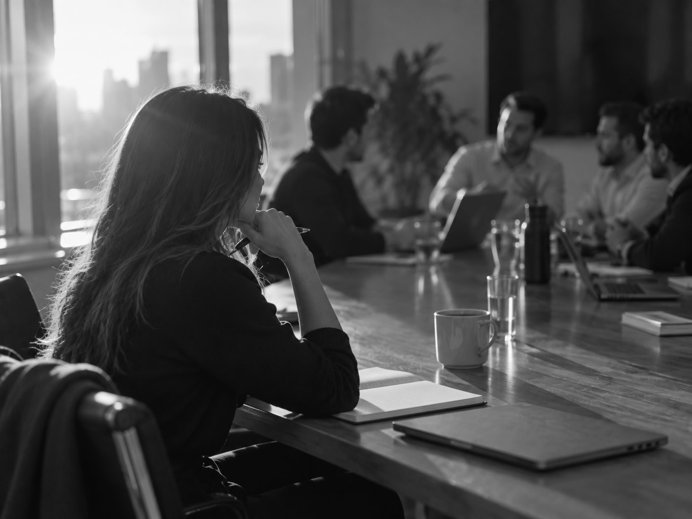 A woman sitting at the near end of a long meeting table while four men further down the table talk among themselves