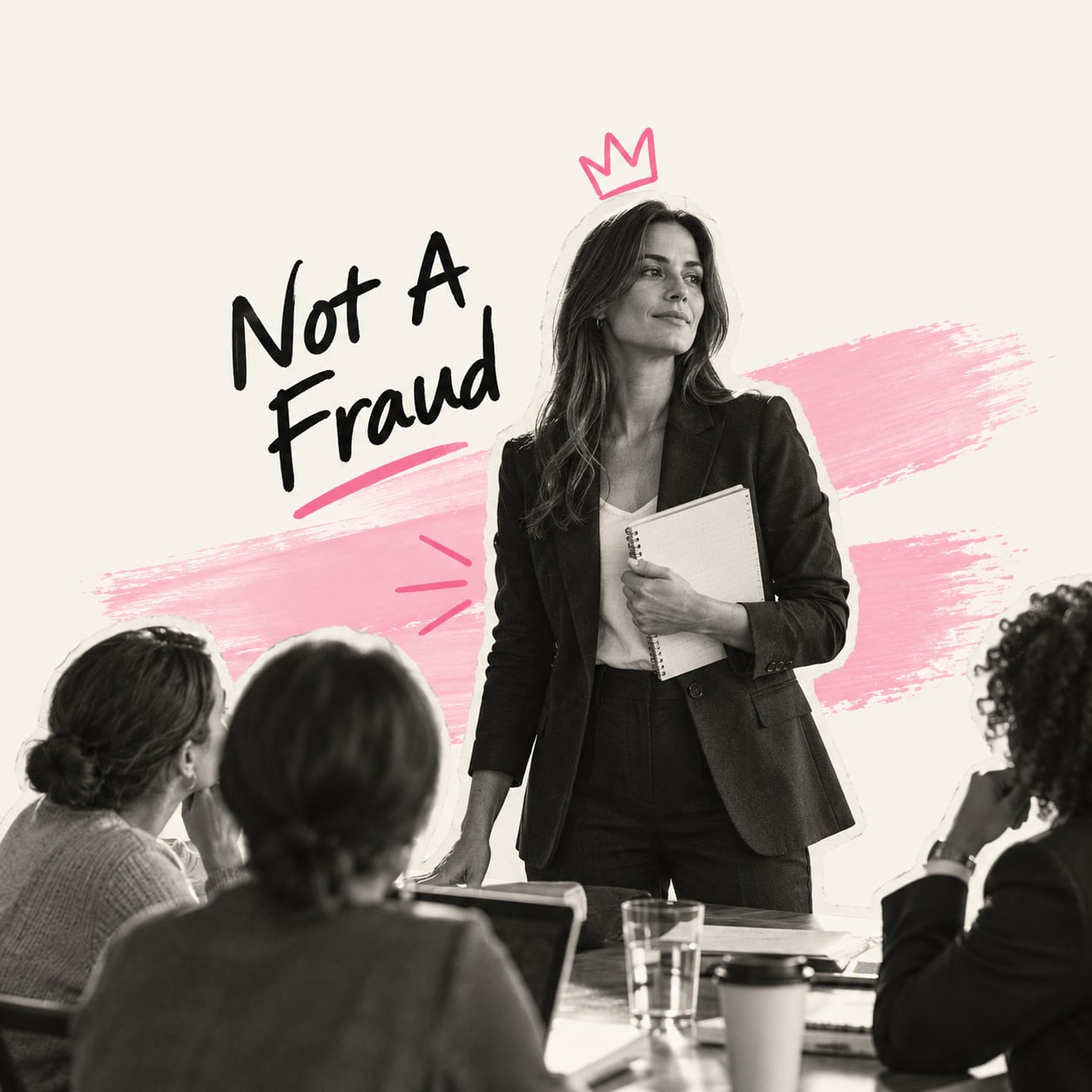 A woman standing at the head of a meeting table holding a notebook, with Not A Fraud lettered beside her