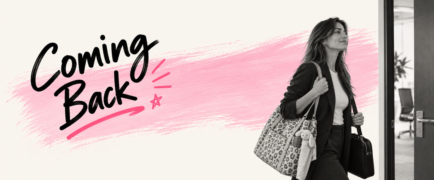 A woman with a baby bag and a laptop bag walking out of an office door, with Coming Back lettered on a pink brush stroke