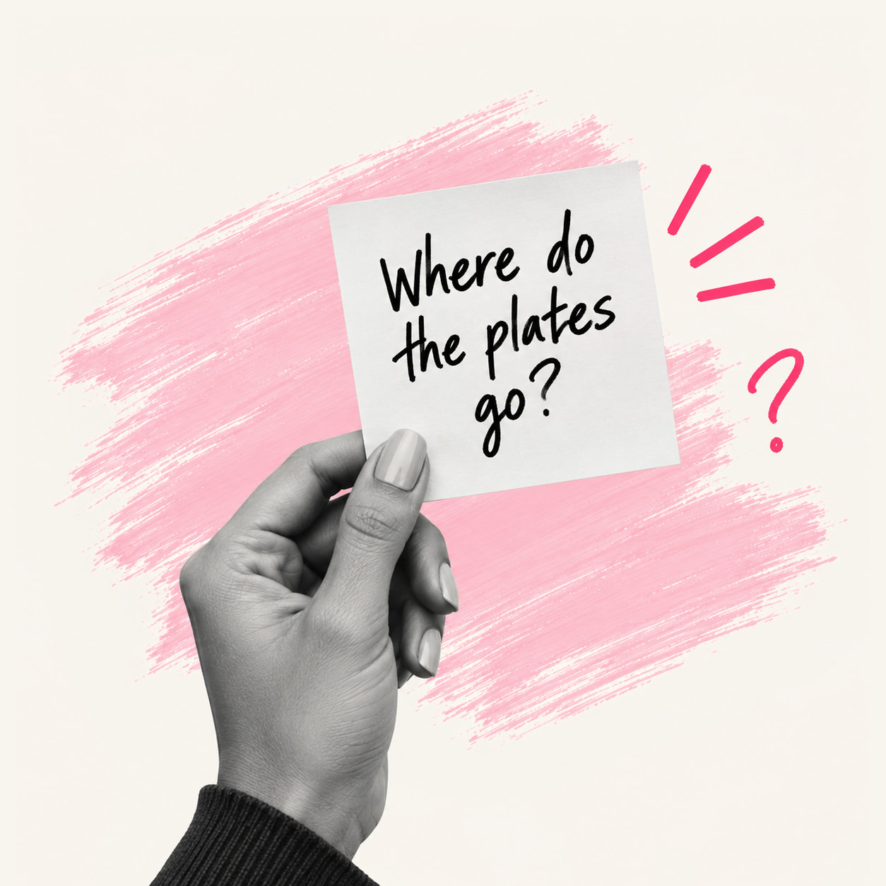 A hand holding a sticky note that reads Where do the plates go?