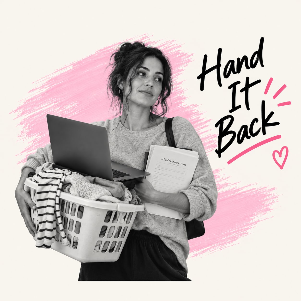 A woman carrying a laundry basket, a laptop and a school permission form, with Hand It Back lettered beside her